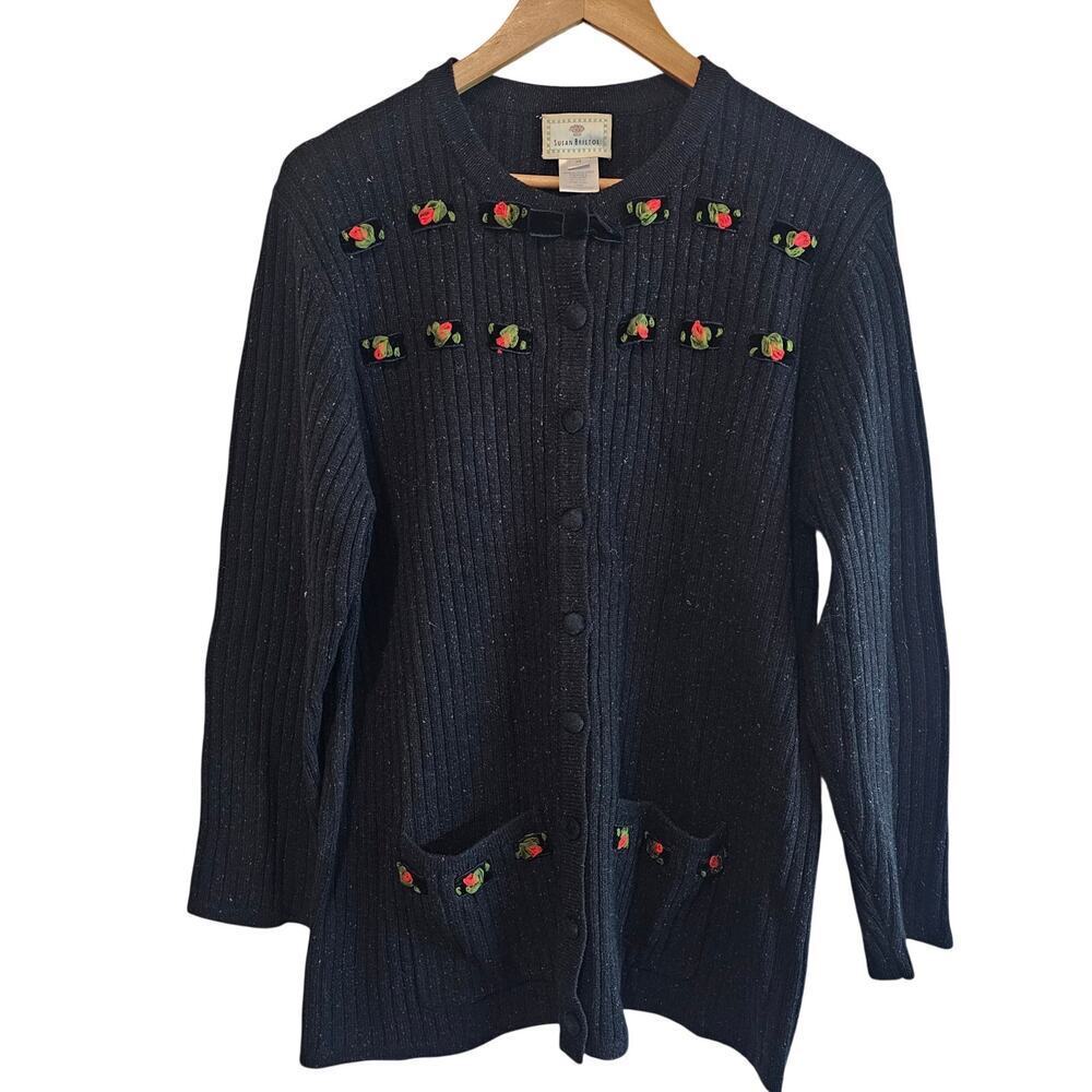Vintage Susan Bristol Cardigan Women XL Black Floral Preppy Whimsygoth Glam Wool